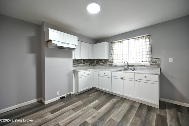 kitchen with under cabinet range hood, a sink, white cabinetry, light countertops, and tasteful backsplash