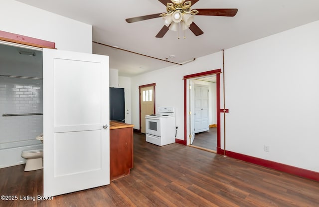 kitchen with baseboards, a ceiling fan, dark wood-style floors, wood counters, and white electric range