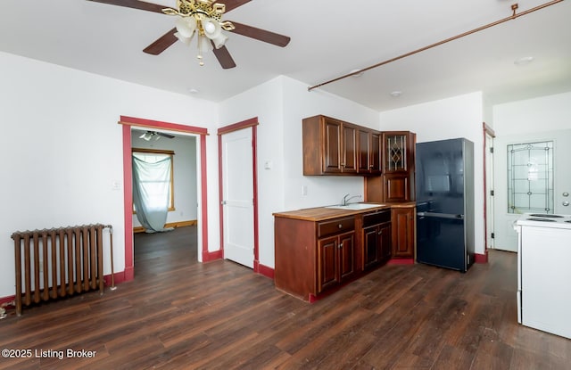 kitchen with range, radiator, dark wood-type flooring, freestanding refrigerator, and a sink