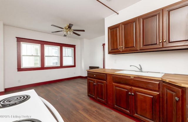 kitchen with baseboards, a ceiling fan, wood counters, dark wood-style flooring, and a sink