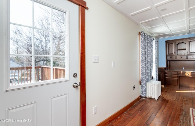 entryway featuring baseboards, dark wood finished floors, and radiator