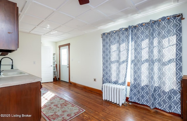 kitchen featuring a sink, baseboards, light countertops, radiator heating unit, and wood-type flooring