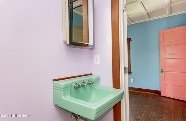 bathroom with a sink, baseboards, and wood finished floors