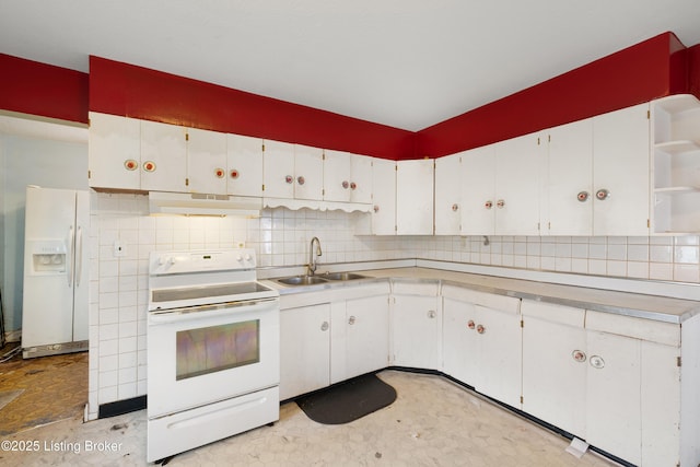 kitchen featuring decorative backsplash, white cabinets, a sink, white appliances, and under cabinet range hood