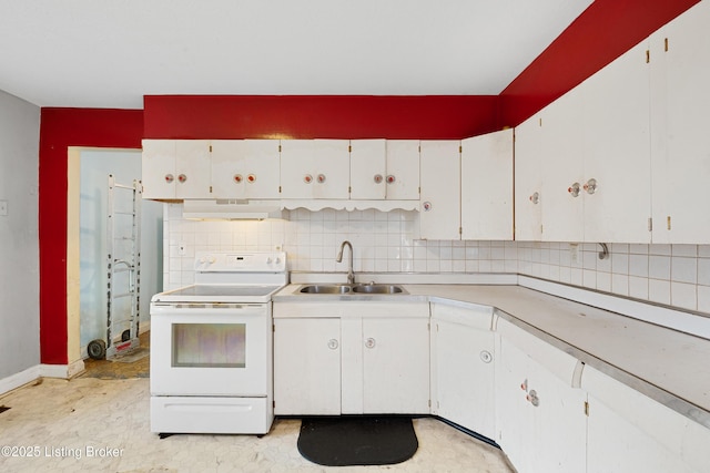 kitchen with white cabinetry, a sink, white electric range oven, and under cabinet range hood