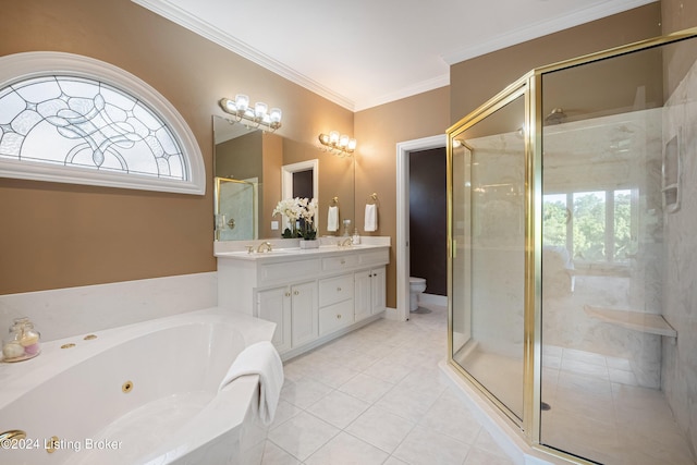 full bath with double vanity, a stall shower, toilet, ornamental molding, and a whirlpool tub