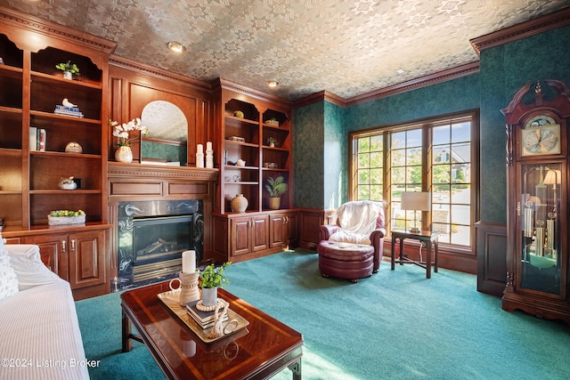 carpeted living room featuring a high end fireplace, wainscoting, and crown molding