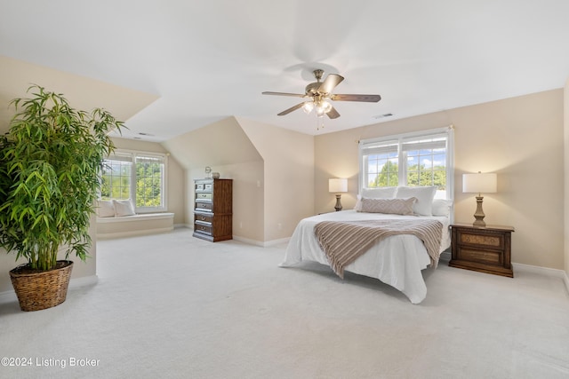 bedroom with a ceiling fan, carpet, visible vents, and baseboards