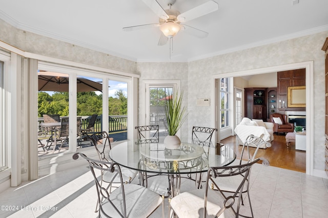 dining area featuring a ceiling fan, a fireplace, ornamental molding, and light tile patterned floors