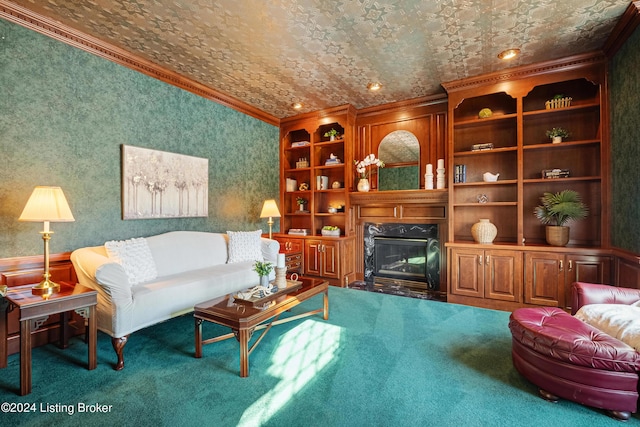 living room featuring an ornate ceiling, crown molding, a fireplace, wainscoting, and carpet flooring