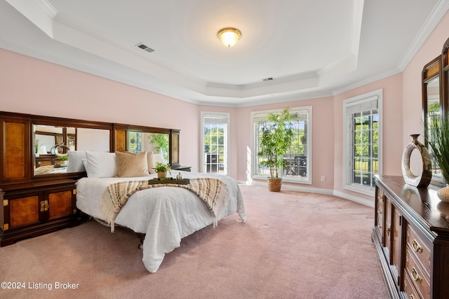 carpeted bedroom with crown molding, a raised ceiling, visible vents, access to outside, and baseboards