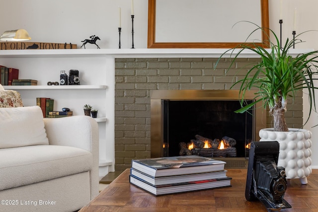 living area featuring a fireplace