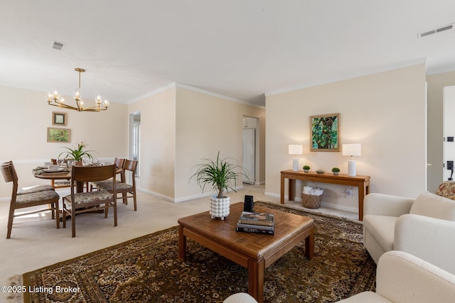 living area with ornamental molding, visible vents, and light colored carpet