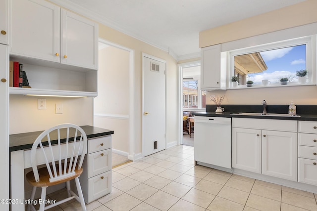 kitchen with white dishwasher, a sink, visible vents, open shelves, and dark countertops