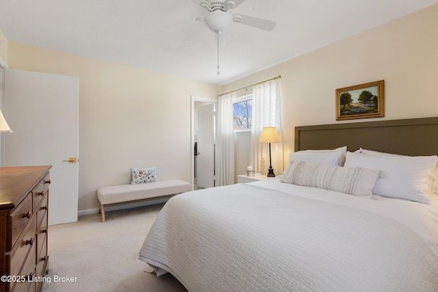 bedroom featuring light carpet and ceiling fan