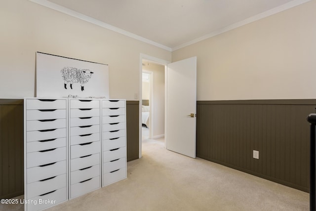 interior space featuring light carpet, a wainscoted wall, and ornamental molding