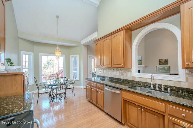 kitchen featuring dark stone counters, stainless steel dishwasher, a sink, and tasteful backsplash