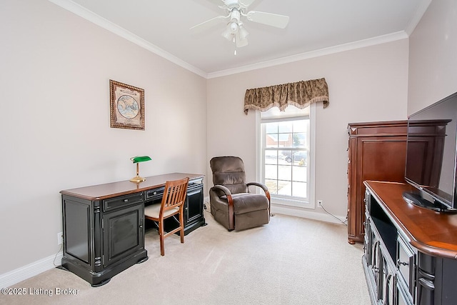 office area with baseboards, ornamental molding, and light colored carpet