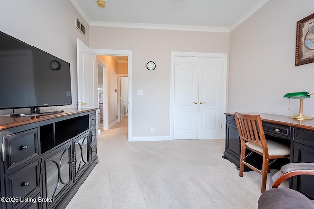 office with baseboards, ornamental molding, visible vents, and light colored carpet