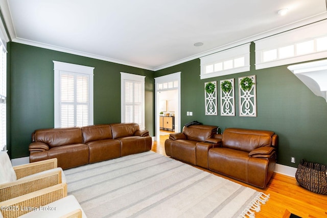 living area featuring baseboards, ornamental molding, and wood finished floors