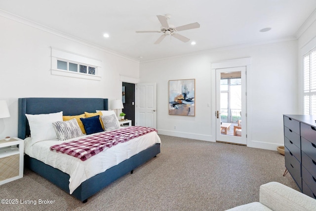 carpeted bedroom with ornamental molding, recessed lighting, and baseboards