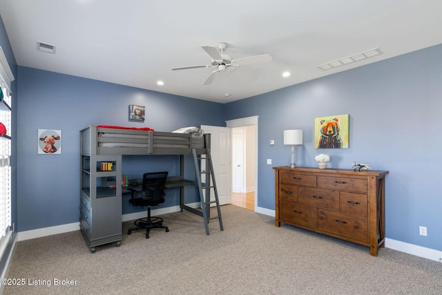 bedroom with carpet floors, recessed lighting, visible vents, and baseboards