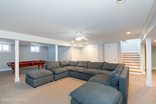 carpeted living area with ceiling fan, recessed lighting, billiards, baseboards, and stairs