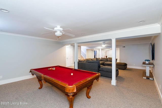 game room featuring light carpet, baseboards, and ornamental molding