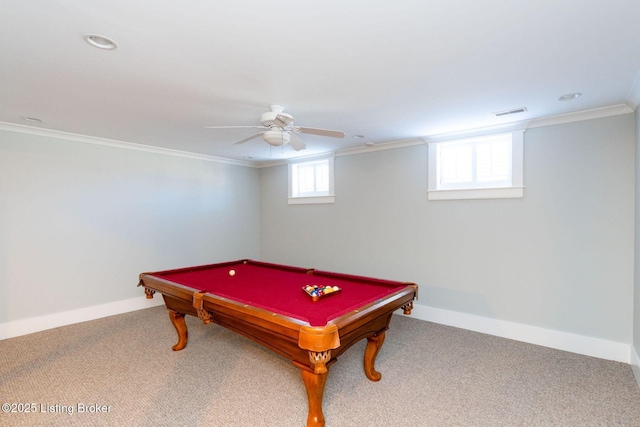 playroom with carpet, visible vents, ornamental molding, and baseboards