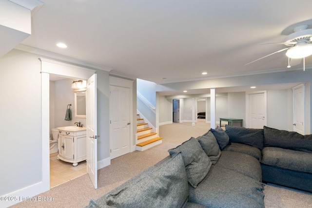 living room featuring recessed lighting, stairway, baseboards, and light colored carpet