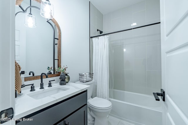 full bathroom with toilet, tile patterned floors, shower / bathtub combination with curtain, and vanity