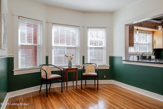 living area with wood finished floors, a wealth of natural light, and baseboards