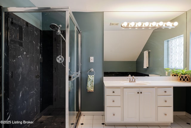 bathroom featuring visible vents, a shower stall, vanity, and baseboards