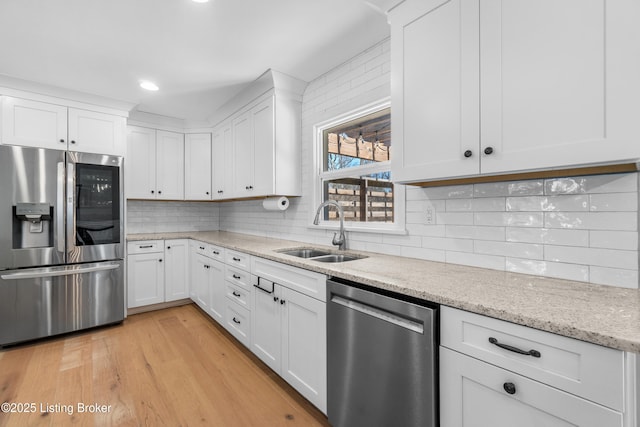 kitchen featuring stainless steel appliances, tasteful backsplash, a sink, and white cabinets