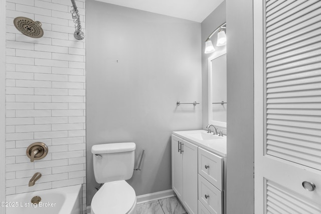 full bathroom featuring toilet, vanity, baseboards, marble finish floor, and shower / washtub combination