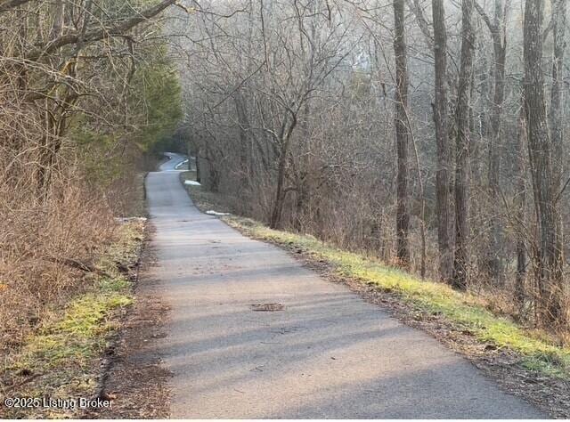 view of road featuring a forest view