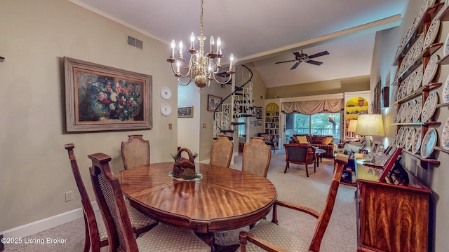 dining area featuring carpet, visible vents, vaulted ceiling, and baseboards