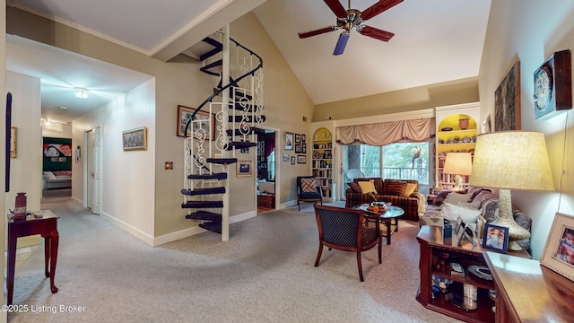 carpeted living room with high vaulted ceiling, a ceiling fan, and baseboards