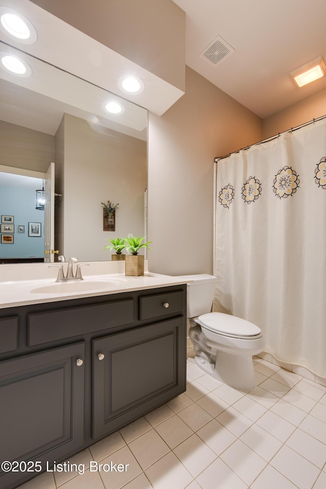 full bathroom featuring tile patterned flooring, toilet, recessed lighting, vanity, and visible vents