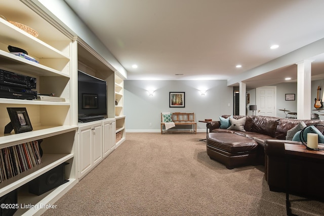 living room with baseboards, recessed lighting, and light colored carpet