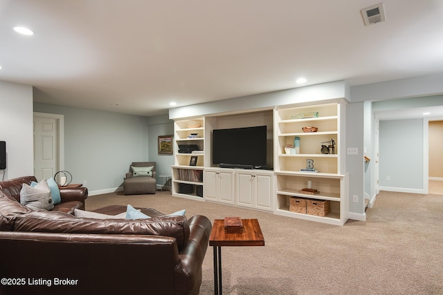 living area featuring light carpet, recessed lighting, visible vents, and baseboards