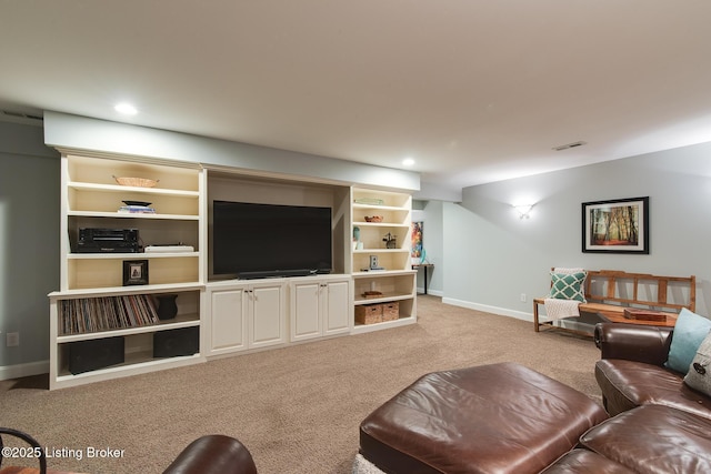 living area with light carpet, recessed lighting, visible vents, and baseboards