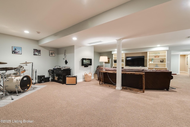 interior space with baseboards, carpet flooring, visible vents, and recessed lighting