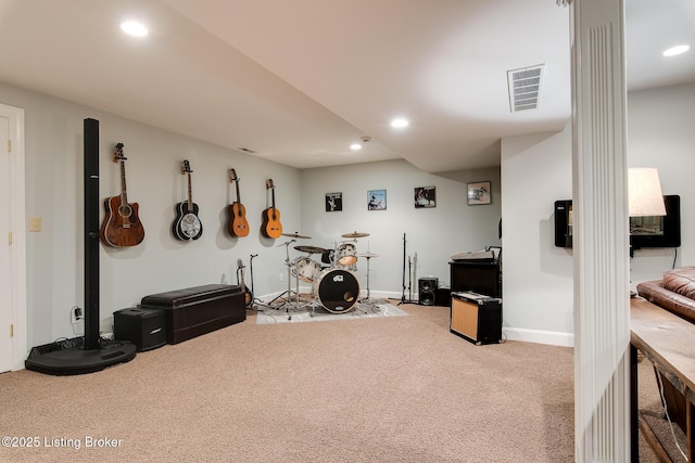 workout area with carpet, visible vents, baseboards, and recessed lighting