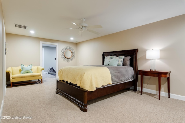 bedroom featuring baseboards, visible vents, ceiling fan, carpet flooring, and recessed lighting