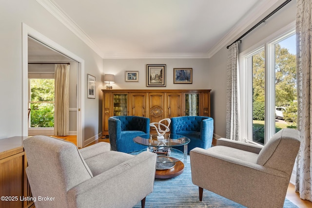 living area with baseboards, wood finished floors, and crown molding