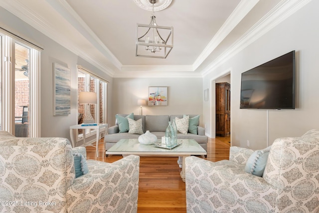 living room featuring ornamental molding, a chandelier, and wood finished floors