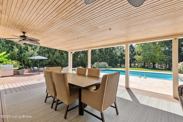 view of patio / terrace featuring ceiling fan, outdoor dining space, and an outdoor pool