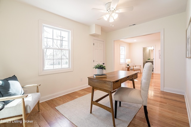 office with ceiling fan, light wood finished floors, visible vents, and baseboards