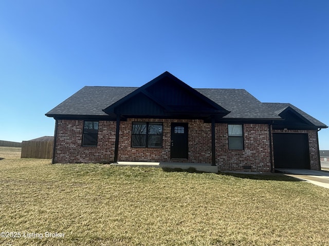 ranch-style home with brick siding, a front lawn, an attached garage, and fence